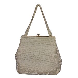 Elegant Cream Beaded Shoulder Bag with Structured Frame